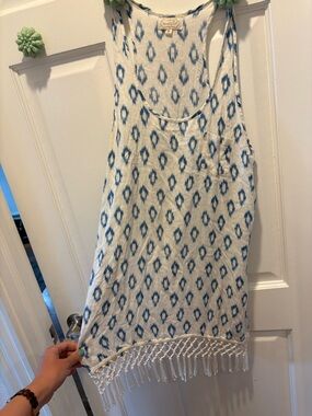 Mud Pie Blue Ikat Sleeveless Top with Fringe Detail